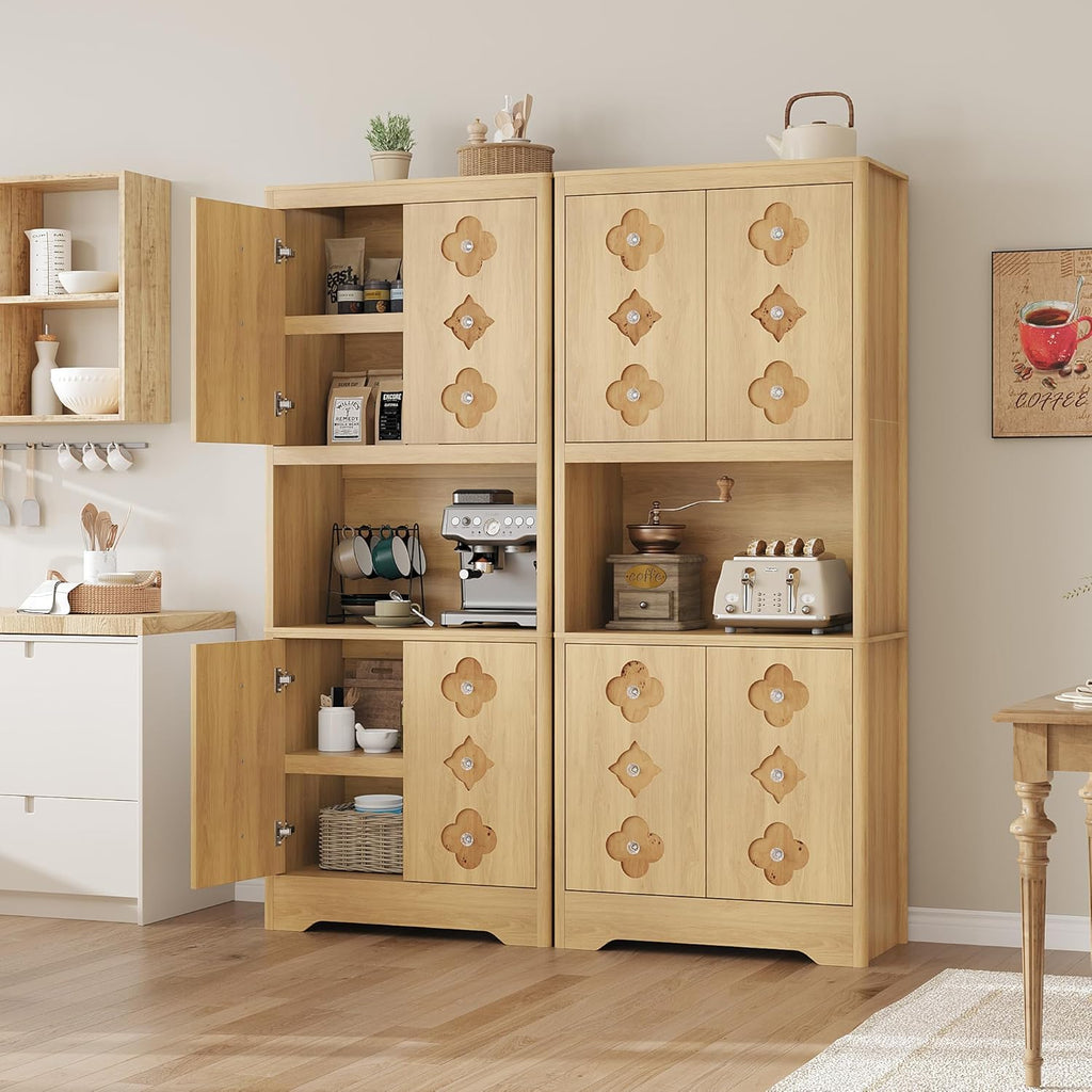 GarveeHome 72" Tall Pantry Cabinet with Carved Door, Kitchen Storage Cabinet with Shelf for Microwave, Freestanding Wooden Cupboard with Crystal Handle, for Dining Living Room, Light Oak