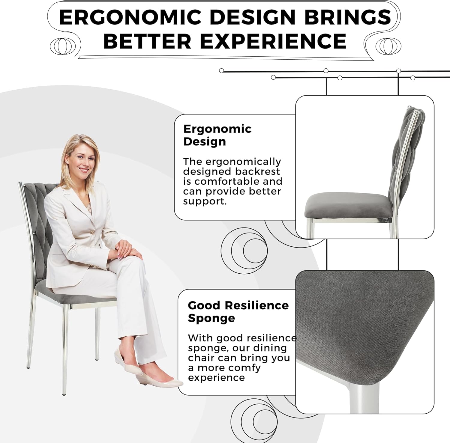 Velvet Dining Chairs Set of 4, Modern Woven Kitchen Chairs with Silver Metal Legs, Upholstered Cushion with High Back, Dirt Resistance, Easy to Install, for Living Room, Dining Room - Dark Grey