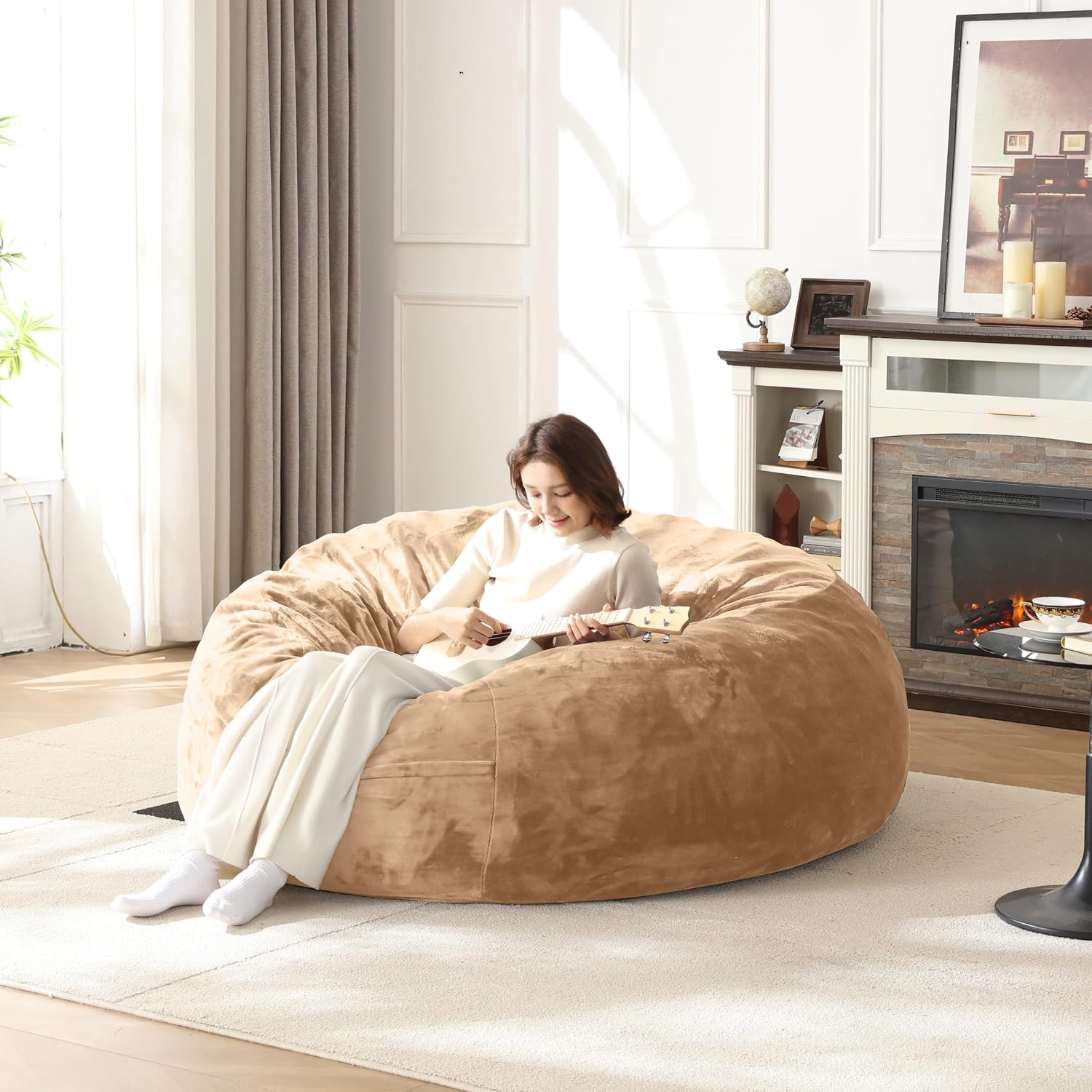 Bean Bag Chair for Adults Soft Comfy Bean Bag for Adults, Cozy Reading Chair, Large Round Bean Bag Couch, Versatile Living Room & Bedroom Chairs (Apricot, 5FT)