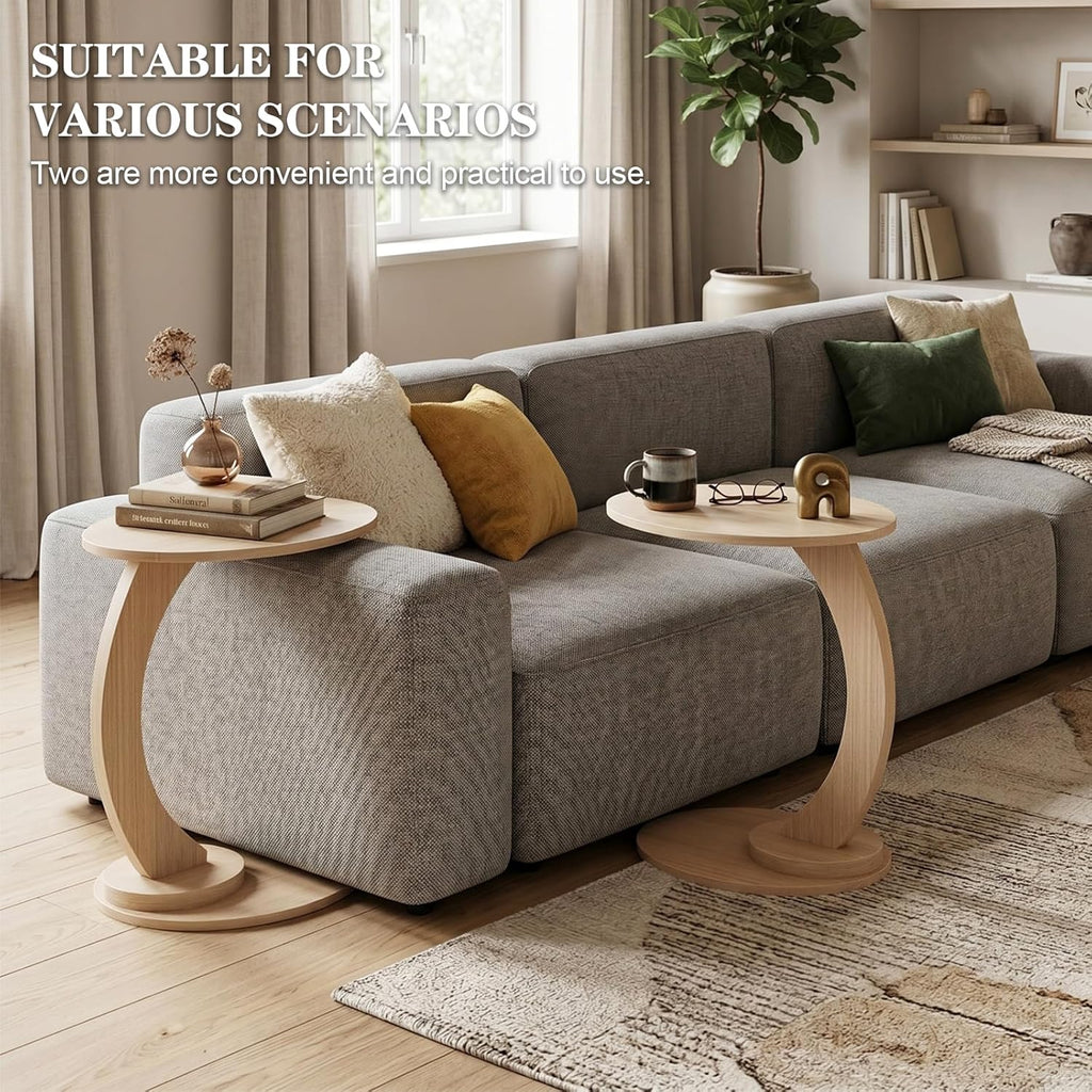 End Table,C Shaped Side Table,CouchTable that Slide Under, Wood Round Table for Couch,Small Sofa Table with Metal Frame for Bedroom,Living Room,Night Stand, Bedside Table for Small Space(Oak)