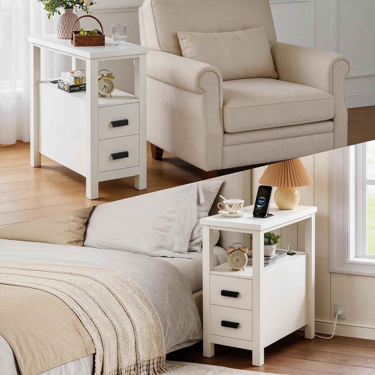 End Table with Charging Station, Narrow Nightstand with 2 Drawers and Open Shelf, Bedside Table with USB Ports and Outlets, Modern Wood Side Table for Bedroom Living Room Office (White)