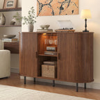 55 Inch Fluted Wine Bar Cabinet, Liquor Cabinet with LED Light, Coffee Bar Cabinets with Storage, Mid-Century Modern Bar Cabinet with Charge Station Wine Racks for Kithcen (Walnut)