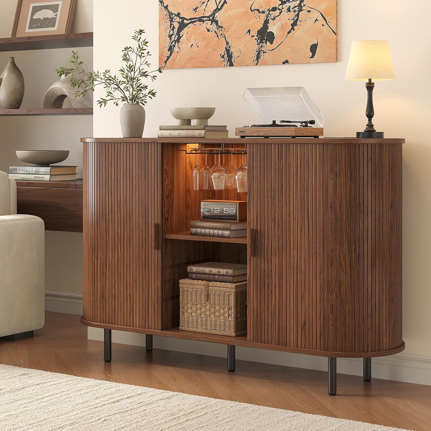 55 Inch Fluted Wine Bar Cabinet, Liquor Cabinet with LED Light, Coffee Bar Cabinets with Storage, Mid-Century Modern Bar Cabinet with Charge Station Wine Racks for Kithcen (Walnut)