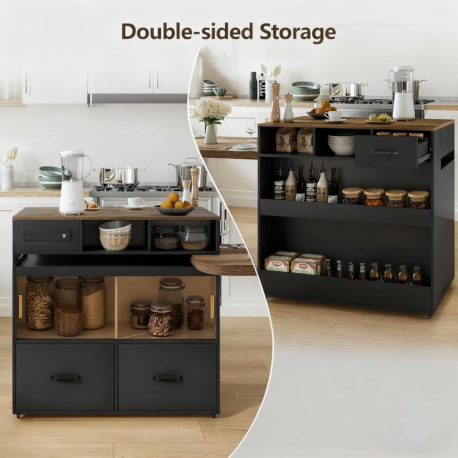 kitchen island with extendable table & 360° Swivel Tabletop, Rolling Kitchen Island Cart with Storage & Seating 4, Mobile Kitchen Island Table with Cabinet, Drawers & Shelves, Black Brown Wood