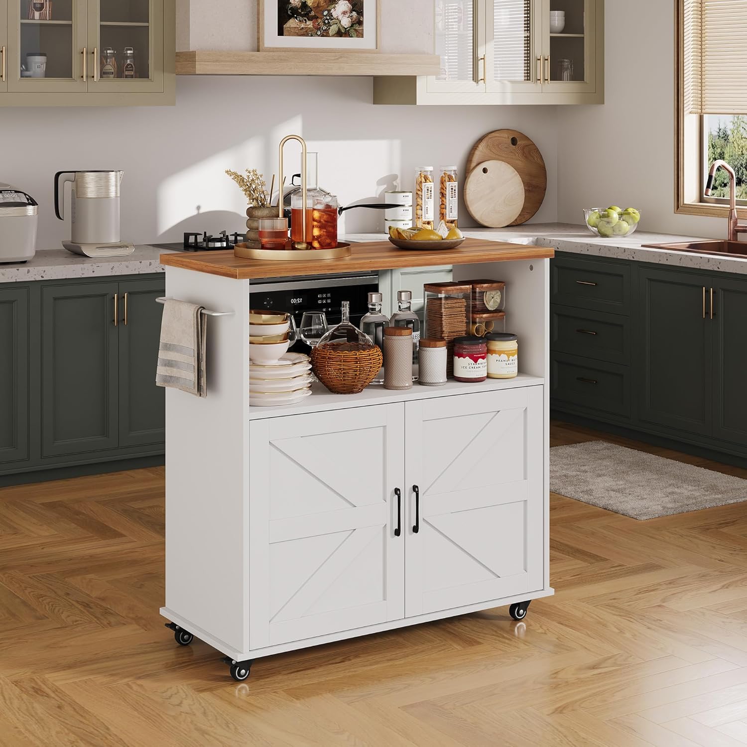 Garvee Rolling Kitchen Island with Storage Cabinet, 40.4'' Width Kitchen Cart, Portable Mobile Kitchen Island with Towel Rack, Wood Top and Lockable Wheels for Kitchen, Dining Room