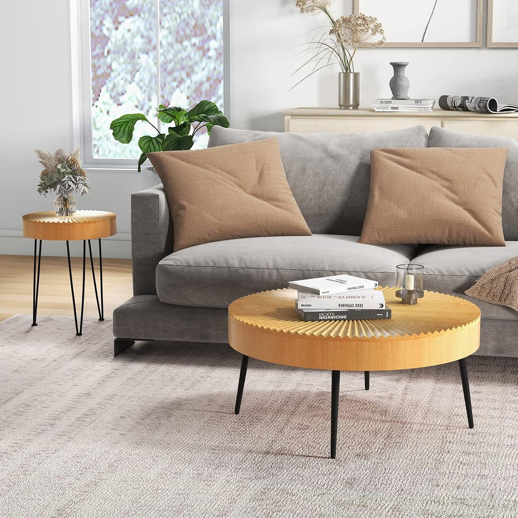 Giantex Boho Round Coffee Table Set of 2, Sofa Side Nesting Table with Solid Pine Wood Top, Metal Legs & Adjustable Foot Pads, 31.5" D Large Table Set for Living Room (Radial Pattern, Natural)