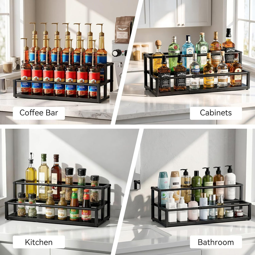 Nuovoware Expandable Coffee Syrup Organizer, 2-Tier Syrup Rack Holds 10-16 Bottles, Adjustable Width Carbon Steel Coffee Bar Organizer for Countertop Kitchen Bar, Liquor Dressing Seasoning, Black
