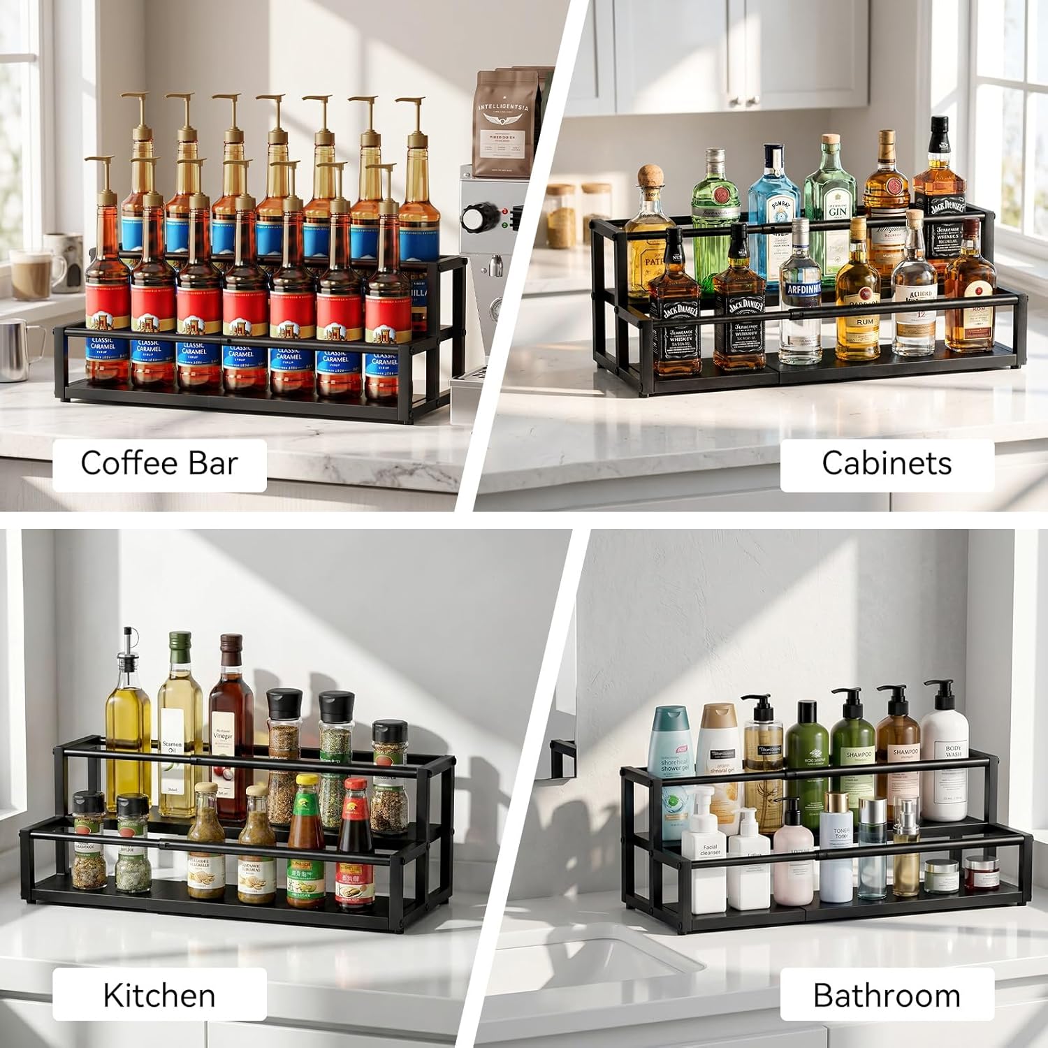 Nuovoware Expandable Coffee Syrup Organizer, 2-Tier Syrup Rack Holds 10-16 Bottles, Adjustable Width Carbon Steel Coffee Bar Organizer for Countertop Kitchen Bar, Liquor Dressing Seasoning, Black