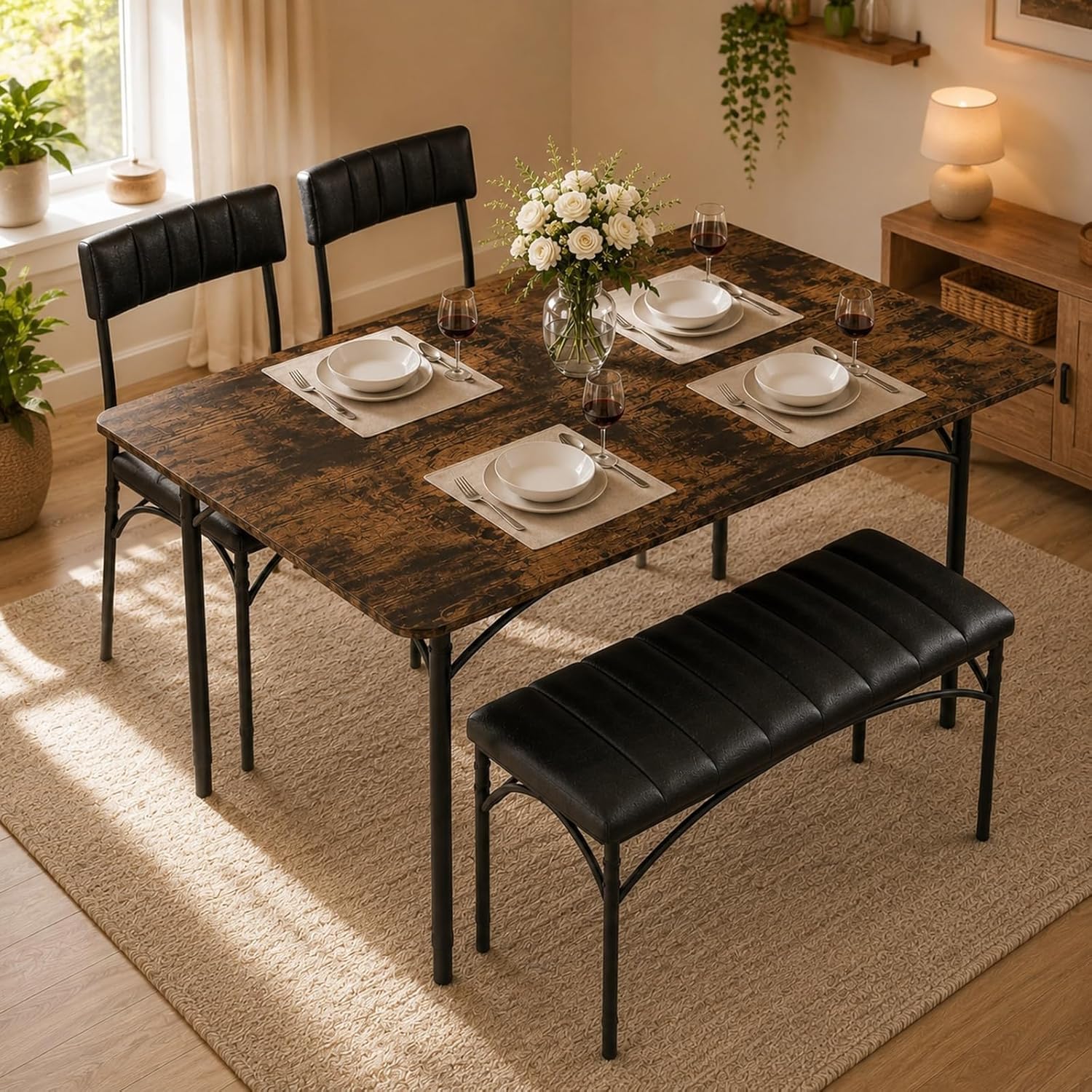 4 EVER WINNER Dining Table Set for 4, Kitchen Table with Upholstered Chairs and Bench, 4-Piece Kitchen Table and Chairs for Small Spaces, Dining Room, Rustic Brown