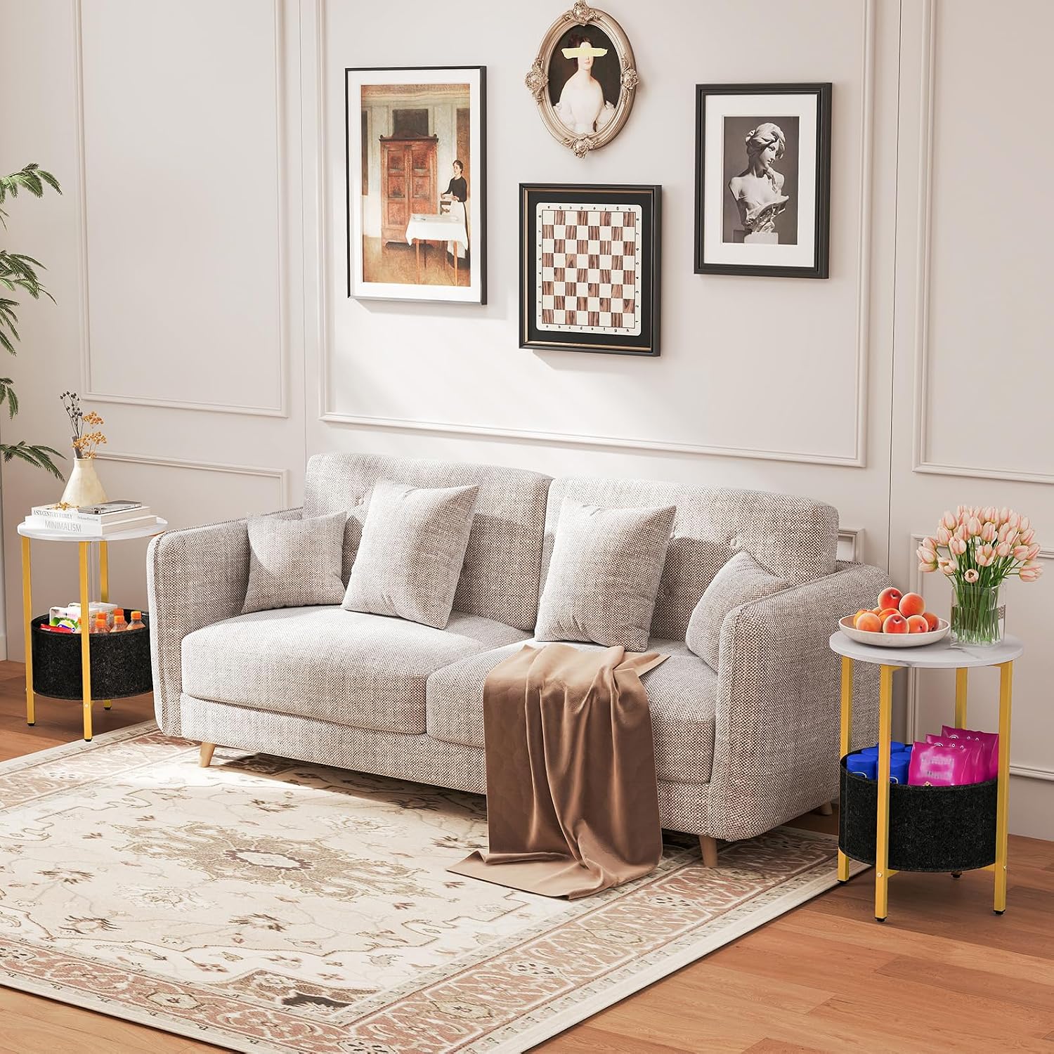 Giantex Round End Table, Small Side Table with Removable Fabric Basket, Modern Bedside Table with Metal Frame, Sofa Couch Accent Table for Small Space Living Room, Nightstand for Bedroom, White