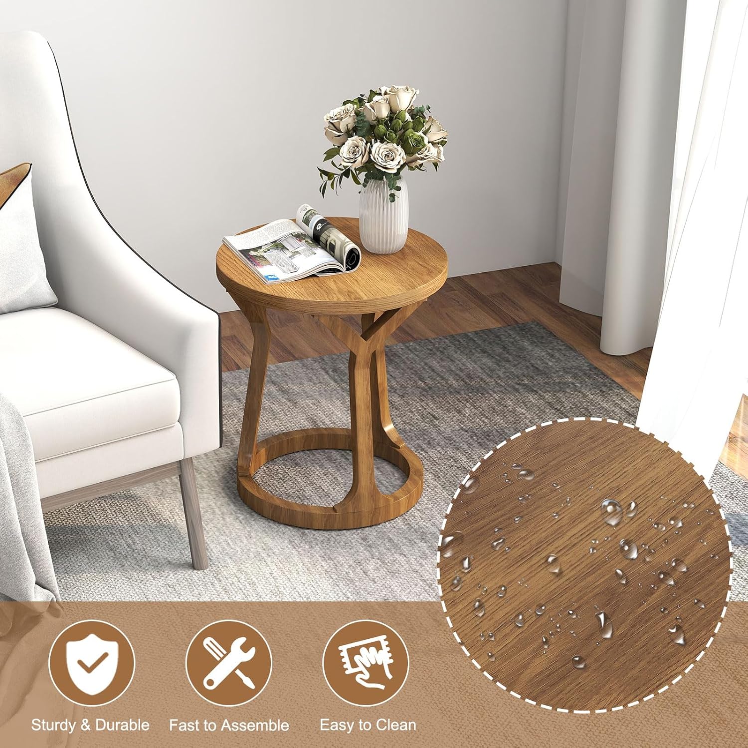 Round End Table Living Room, Rustic Side Table, 22" H Nightstand with Thick Top, Accent Tables for Bedroom Living Room Entryway, Natural