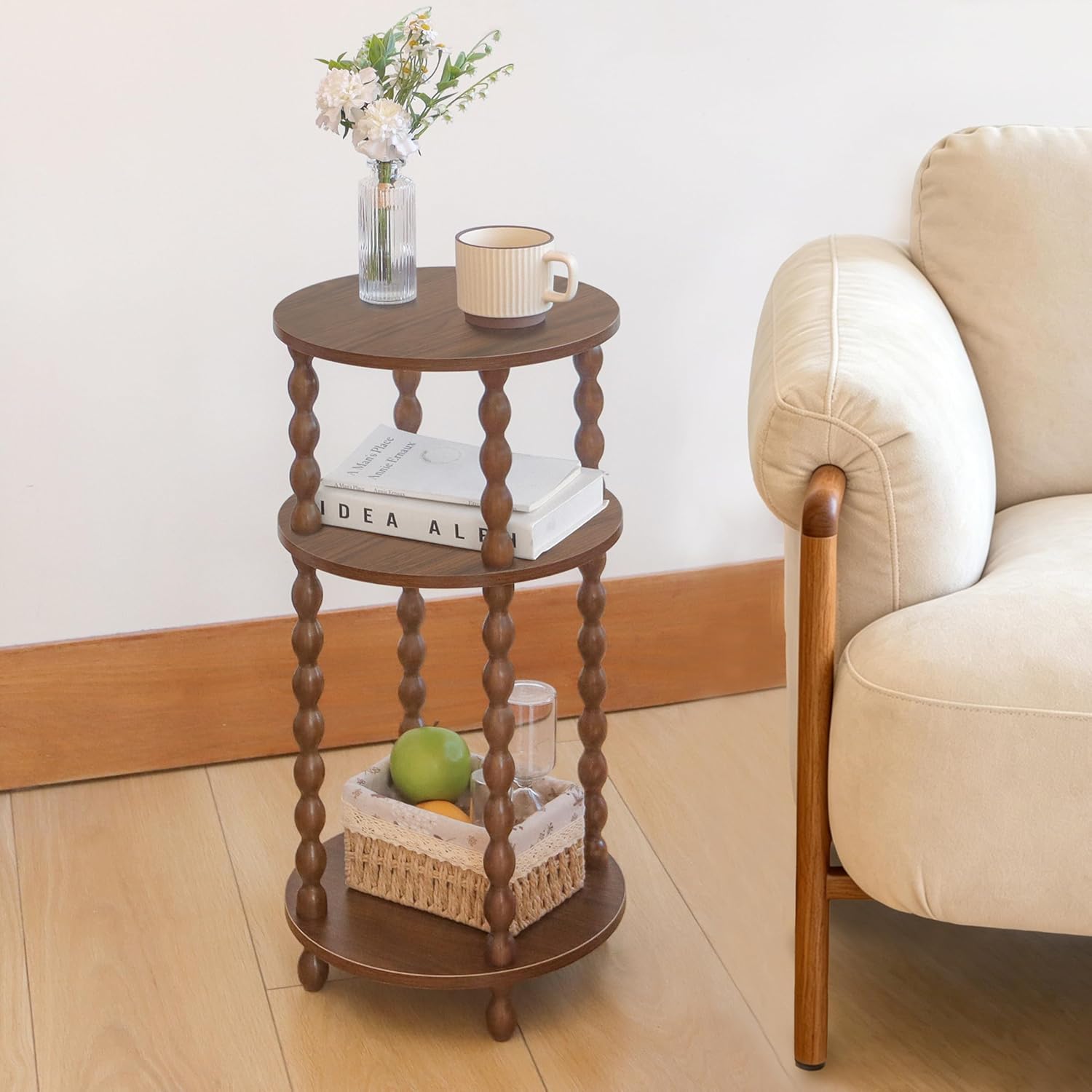 AWASEN Small Round End Table, Round Side Table with 3-Tier Open Shelf for Small Spaces, Wood Accent Table Nightstand for Bedroom, Living Room, Office, Walnut Brown