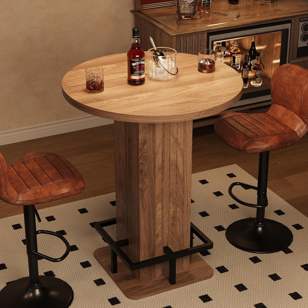 IRONCK Round Bar Table, 39.4" H Wood Bistro Pub Table with Metal Ring Footrest for Coffee Cocktail Dining Living Room, Bar Studio Apartment and Small Space, Brown(Only Table)