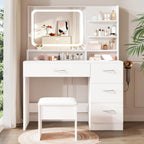 LIVELYGLOW Makeup Vanity Desk with Smart LED Mirror & Charging Station, 34.1" White Vanity Table Set with Cushioned Stool, 4 Drawers & Hairdryer Rack, Modern Bedroom Dressing Table-White
