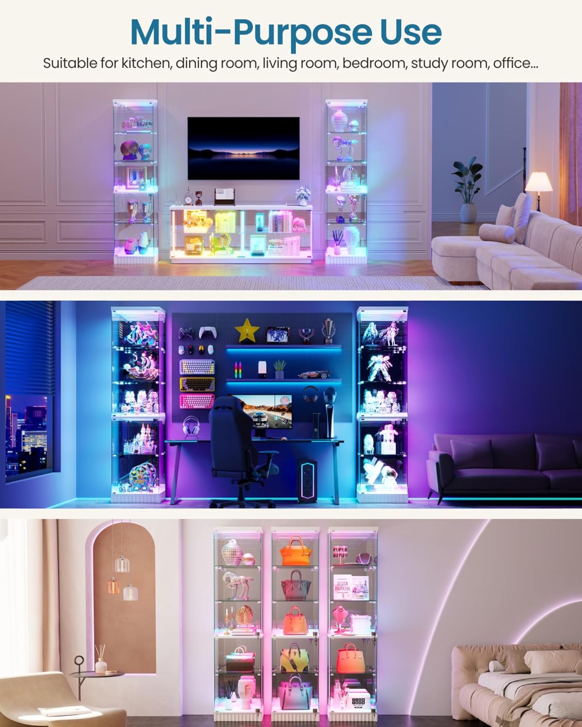 Lvifur 67''H Corner Curio Cabinet - with Glass Door, Lockable Glass Display Cabinet with RGB Motion Sensor Light, 5-Tier Figure Display Case with Removable Glass Shelf for Collectibles,White