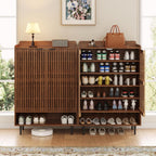 Shoe Cabinet with 2 Doors for Entryway, 21 Pairs Wooden Shoe Storage Cabinet with Adjustable Shelves, Farmhouse Hidden Shoe Organizer for Hallway & Mudroom, Slim Freestanding Shoe Cabinet, Walnut