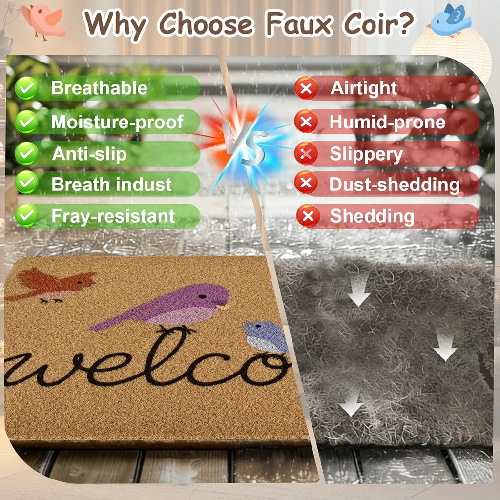 Yinhua Colorful Birds Coir Door Mat, Heavy Duty Welcome Mat with Non-Slip Rubber Backing, Low Pile Front Door Mats for Outside Entrance, Natural Entry Mats Coconut Fiber Surface for Porch 17"x30"