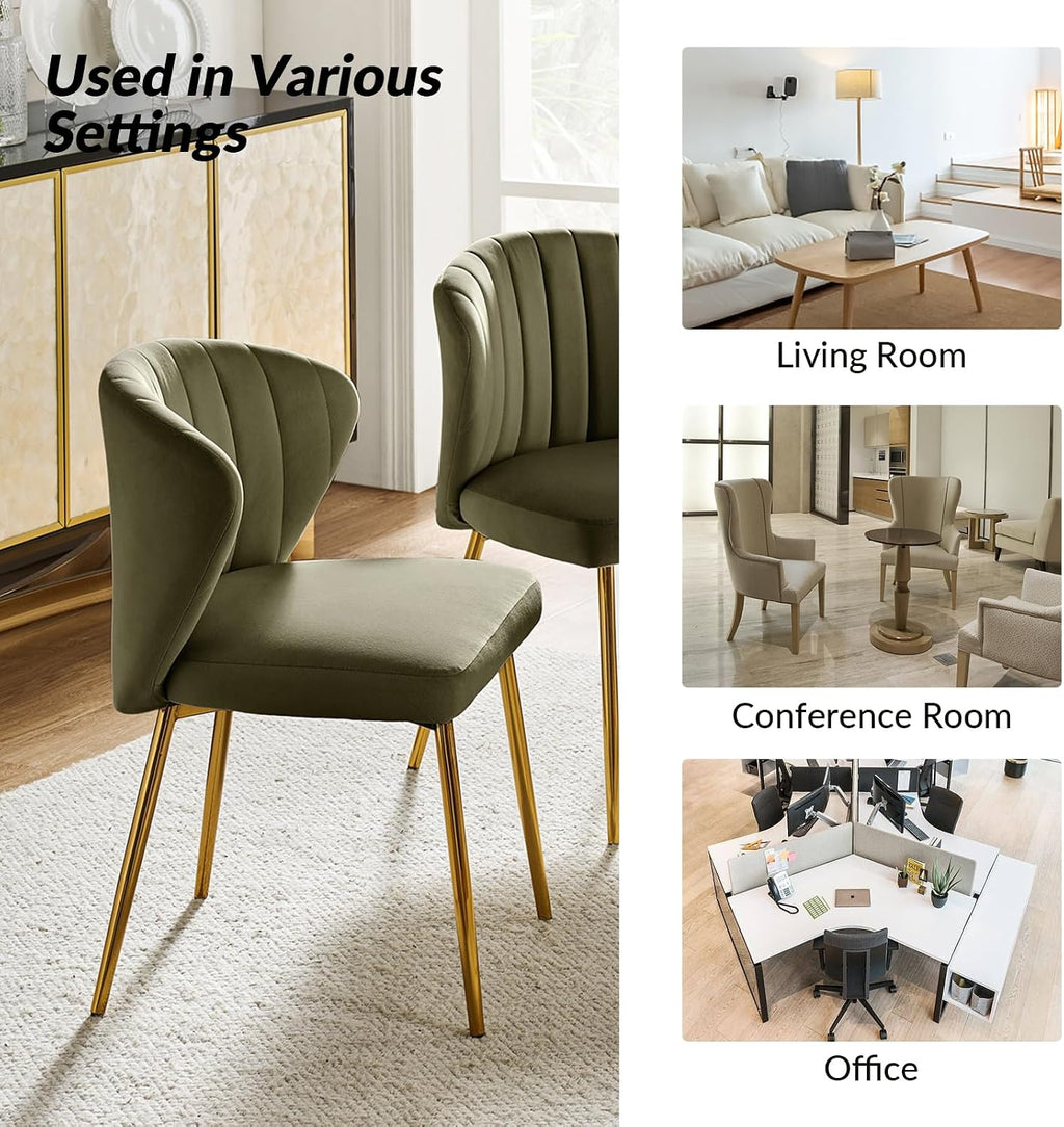 HULALA HOME Velvet Dining Chairs, Modern Small Armless Accent Chair with Gold Metal Legs, Living Room Upholstered Cute Side Chair, Elegant Tufted Back Vanity Chair for Bedroom, Moss