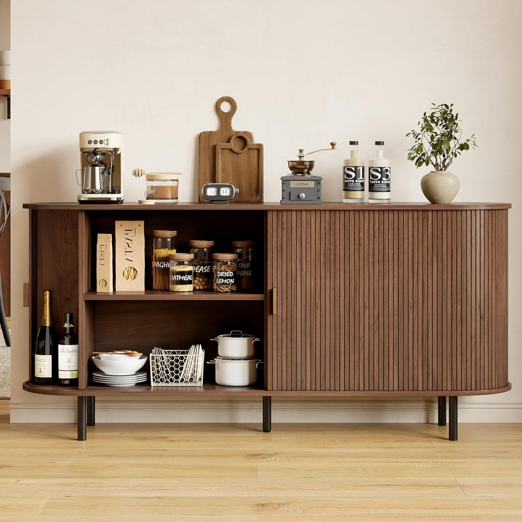 Buffet Sideboard Cabinet with Storage, 63" Fluted Cabinet with Sliding Door & Adjustable Shelf, Modern Accent Coffee Bar Console Table for Kitchen, Entryway, Walnut