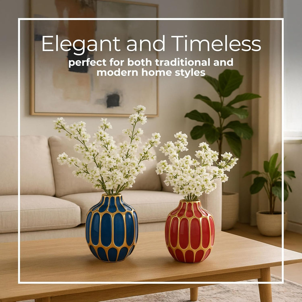 Elegant Ceramic Vase for Living Room Decor and Home Decor Accent - Modern Decorative Flower Vase for Room, Bedroom, or Office Desk - Designed for House and Table Decor - Set of 2, 5", Blue & Red