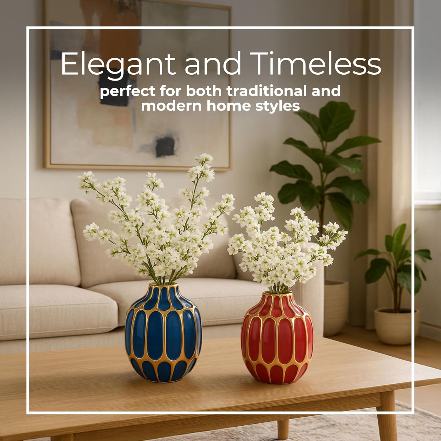 Elegant Ceramic Vase for Living Room Decor and Home Decor Accent - Modern Decorative Flower Vase for Room, Bedroom, or Office Desk - Designed for House and Table Decor - Set of 2, 5", Blue & Red