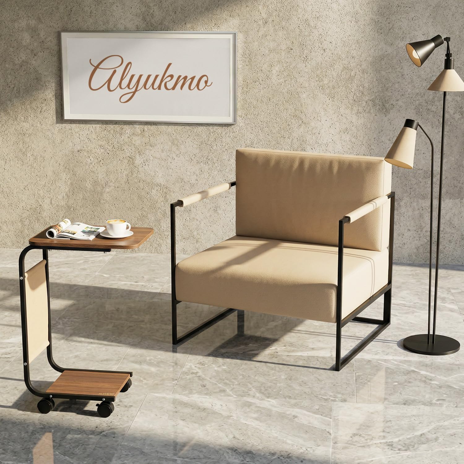 ALYUKMO End Table for Couch with Large Tabletop,Height Side Rounded Metal Corners Table with Wheel,C Shaped End Small End Table for Small Spaces, Living Room,Laptop