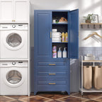 SteeLoong 75" Kitchen Pantry Cabinet with 3 Drawer,Metal Storage Cabinets with Doors and 2 Adjustable Shelves,Blue Kitchen Cabinet with 2 Gold Handles,Food Cupboard for Livingroom,Pantry, Bathroom