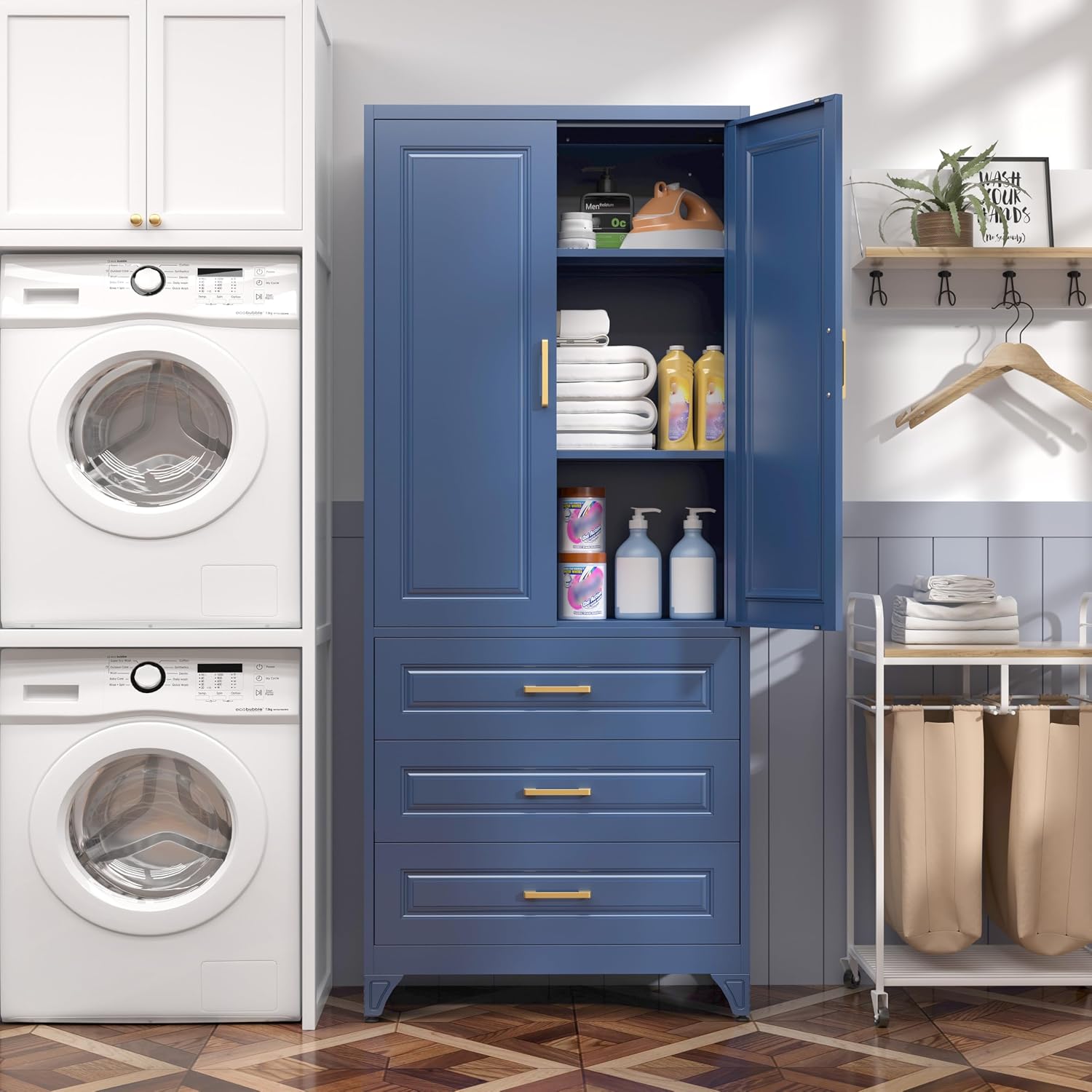 SteeLoong 75" Kitchen Pantry Cabinet with 3 Drawer,Metal Storage Cabinets with Doors and 2 Adjustable Shelves,Blue Kitchen Cabinet with 2 Gold Handles,Food Cupboard for Livingroom,Pantry, Bathroom