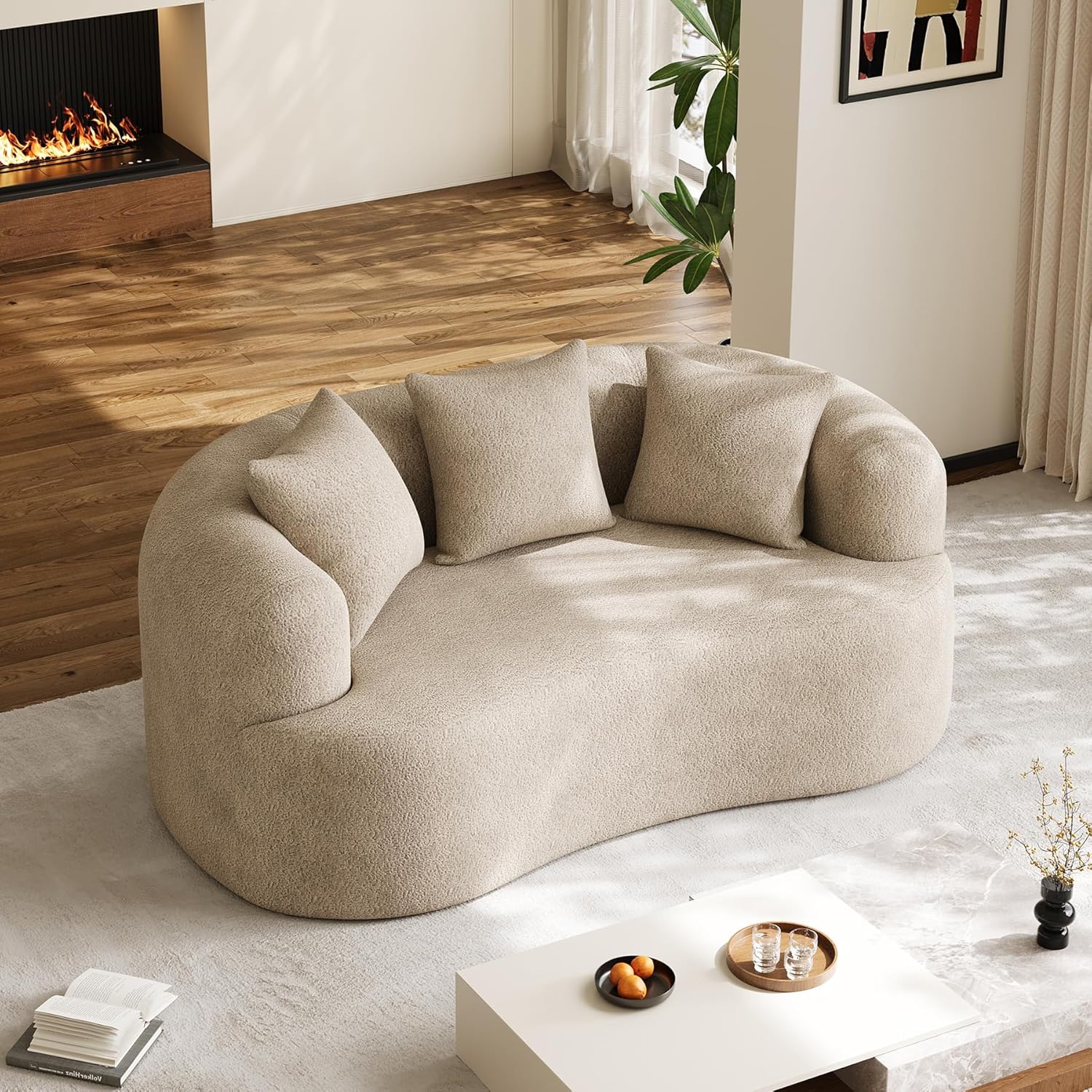 DAMAIFROM 68.5" Loveseat Sofa for Living Room, Modern Luxury Plush Chenille Extra Deep Seat Curved Cloud Floor Couch with 3 Throw Pillows for Small Spaces, No Assembly Needed, Light Brown
