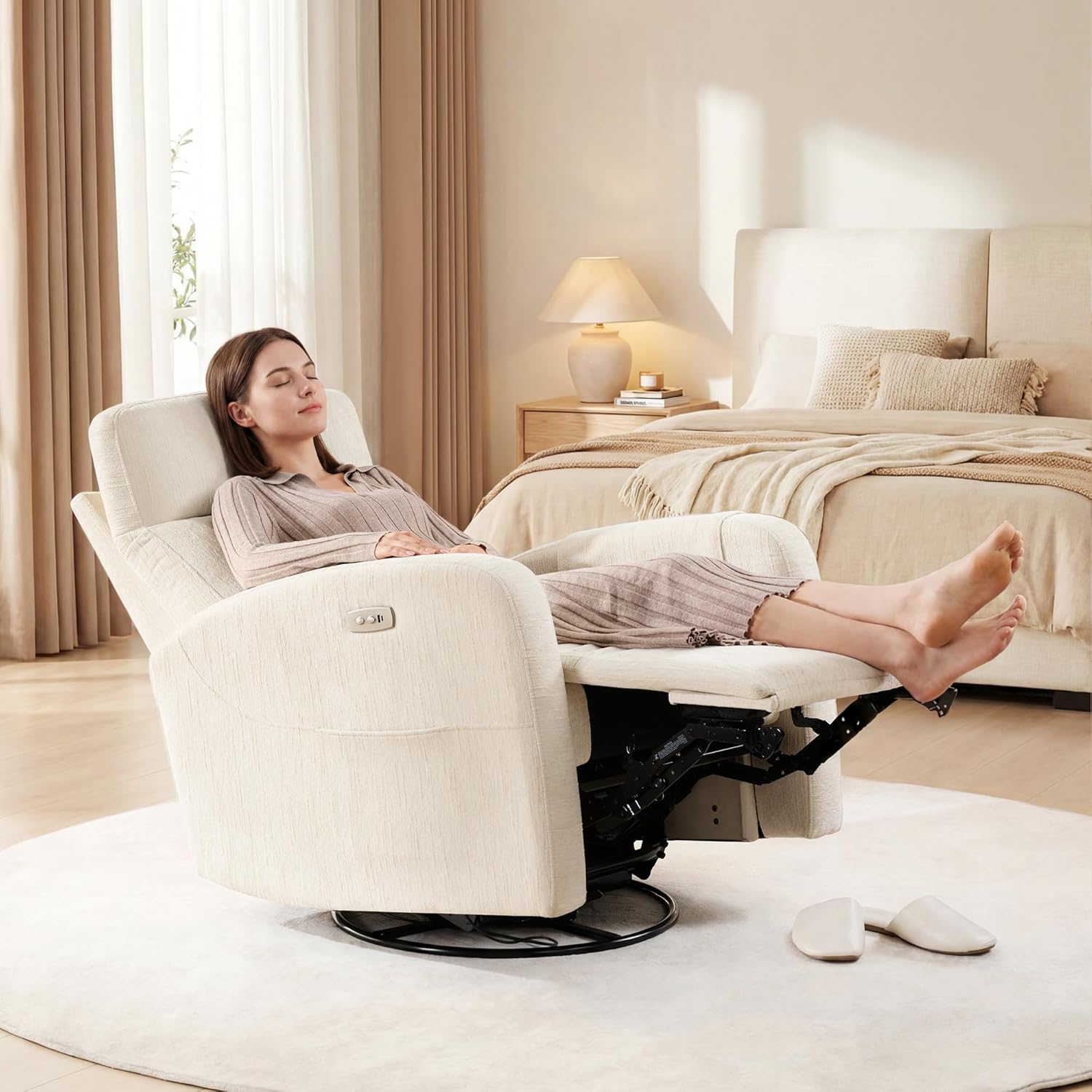 Power Recliner Chair Swivel Glider, Swivel Nursery Glider Recliner, Nursery Rocking Chair with Adjustable Headrest, Nursery Glider Recliner with USB & Type-C Charging Ports, OEKO-TEX Fabric, Beige