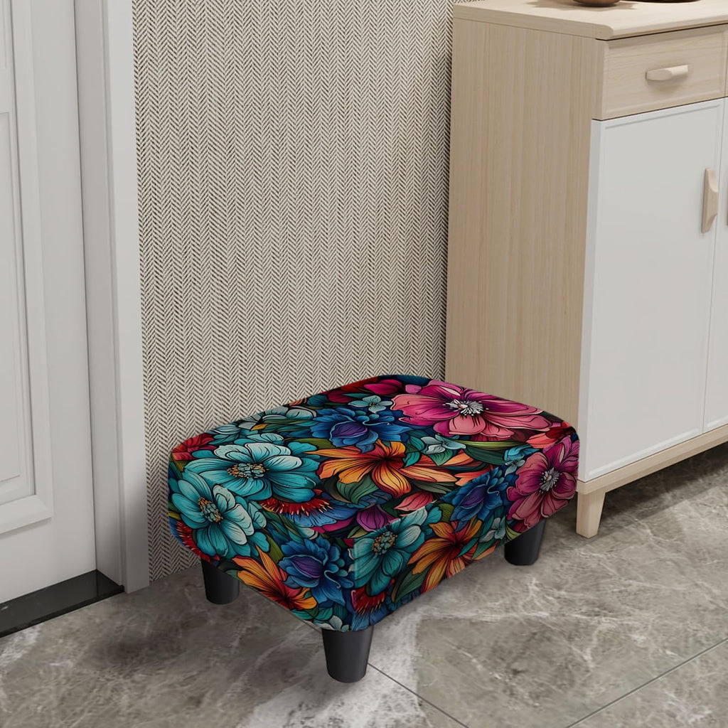 Flower Linen Ottoman Small Footstool with Legs for Living Room Bedroom | vintage floral small foot rest,extra seating,small foot rest for couch,entryway bench,shoe bench