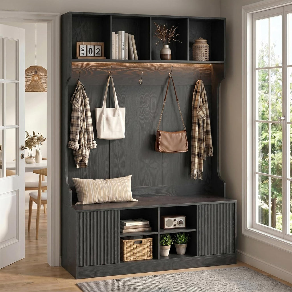 Hall Tree with Bench and Shoe Storage, 5-in-1 Entryway Coat Rack with LED Sensor Light, Hooks and Storage Cubes, Shoe Cabinet with Fluted Door, Modern Hall Tree for Entryway, Living Room