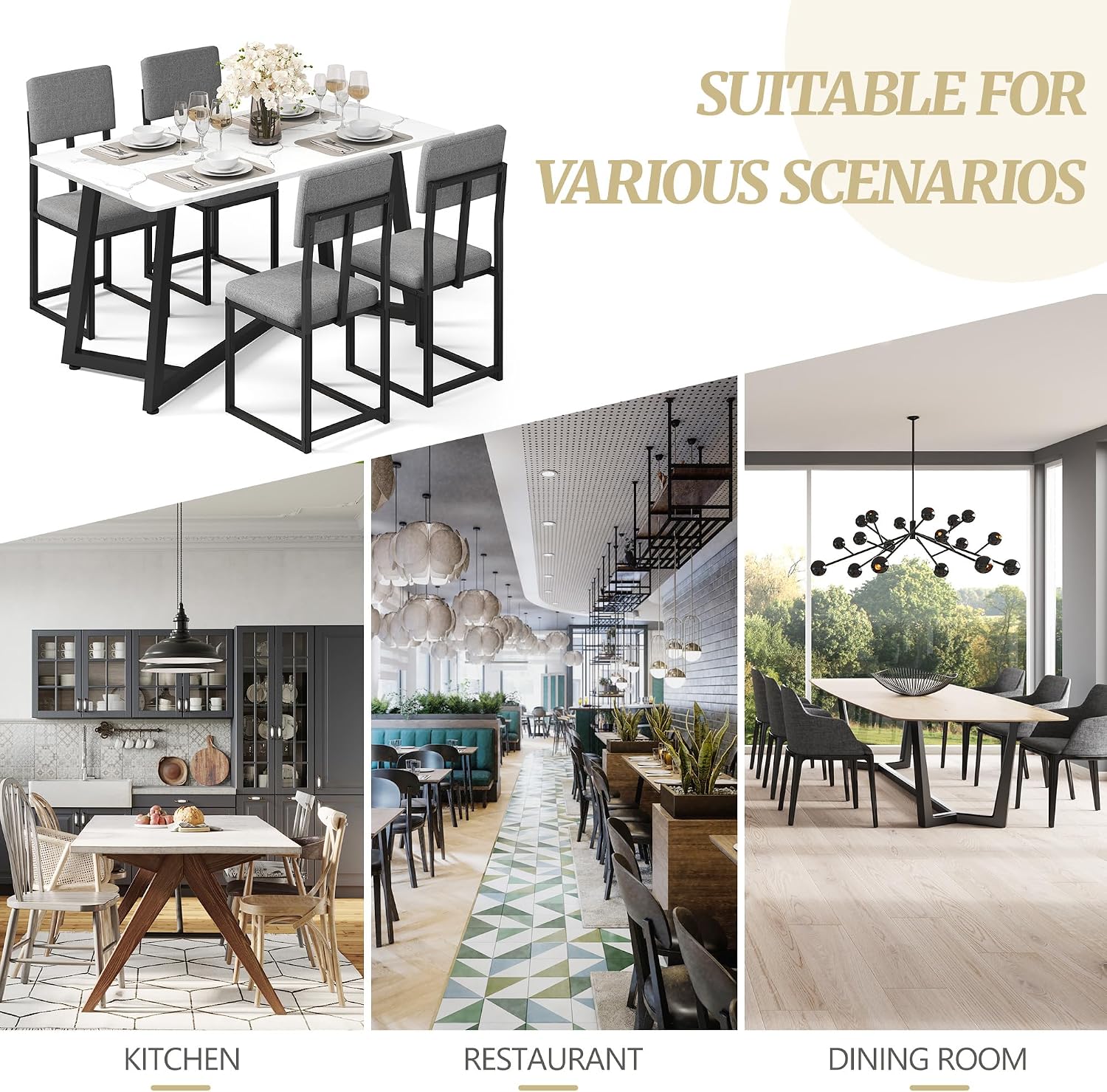 5-Piece Dining Table Set for 4, Faux Marble 47.24" Kitchen Table with 4 Linen Upholstered Chairs, Sturdy & Easy-to-Clean Small Dining Table Set for Apartments & Small Spaces