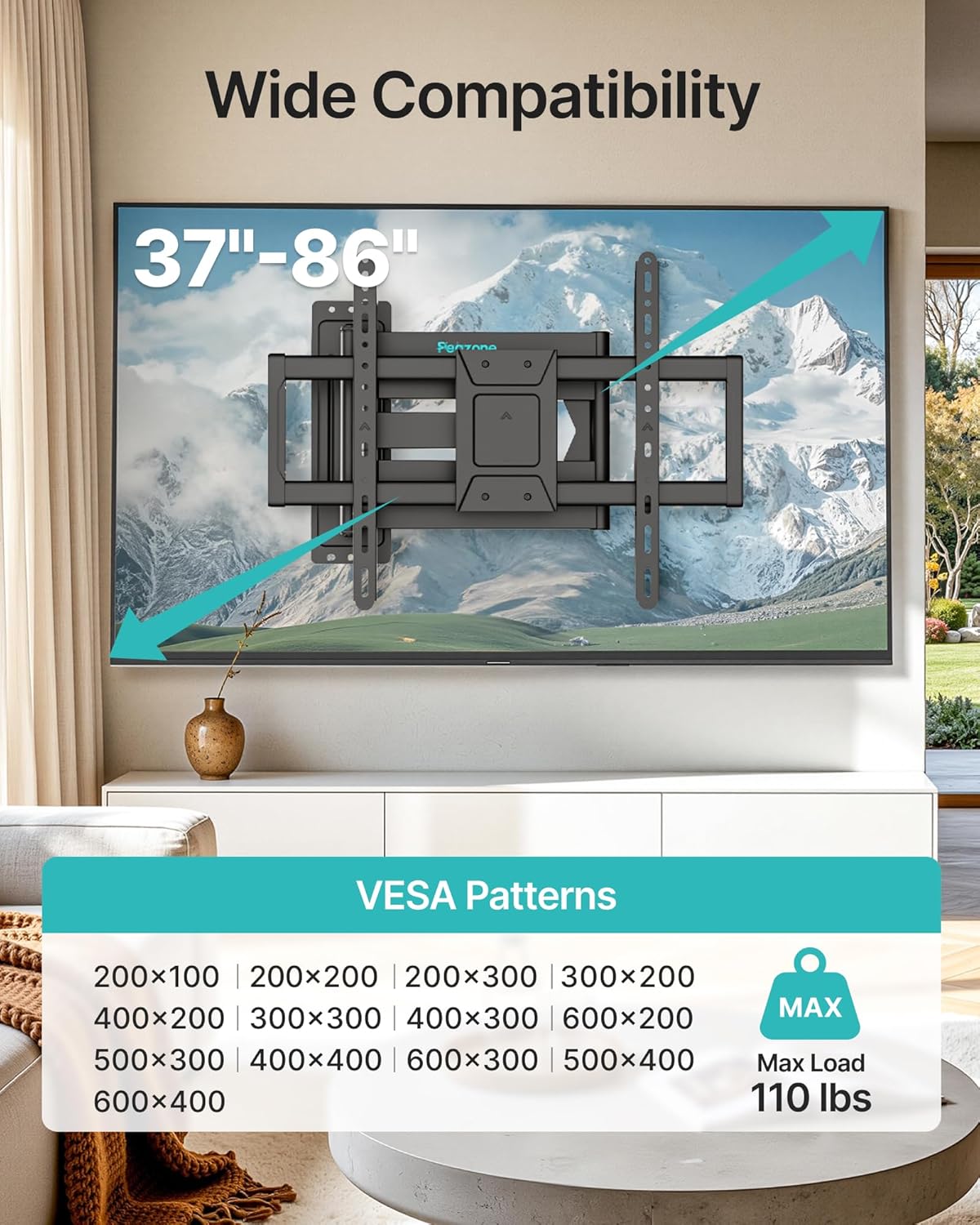 Pegzone Long Arm TV Wall Mount for 37-86 Inch TVs, 38 Inch Extra Long Extension TV Bracket, Swivel Tilt Full Motion TV Wall Mount Fit Max VESA 600 x 400mm, Heavy Duty Up to 110lbs, Single Stud