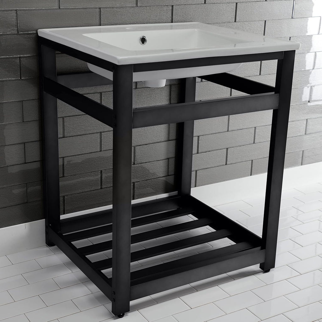 Kingston Brass VWP2522A0 Quadras 25-Inch Ceramic Console Sink (1-Hole), White/Matte Black