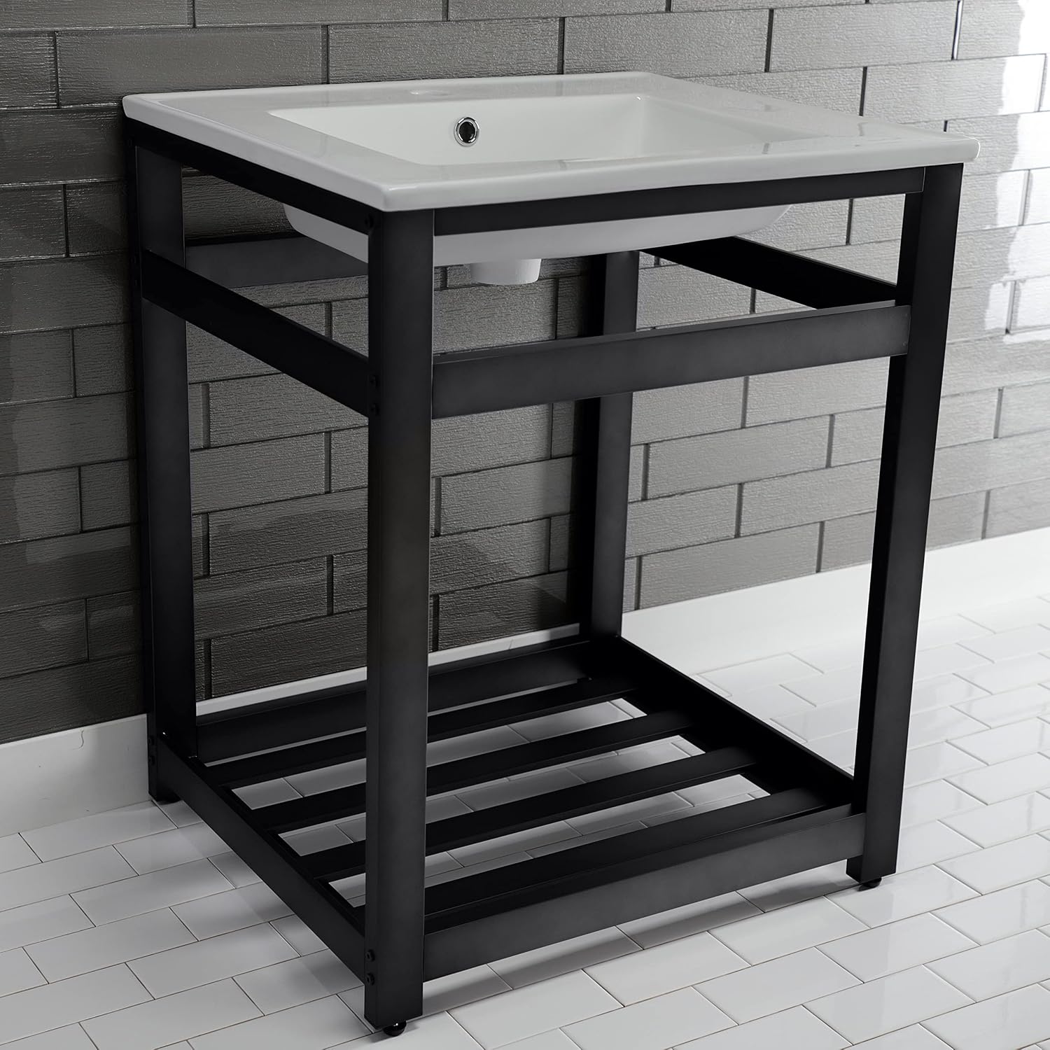 Kingston Brass VWP2522A0 Quadras 25-Inch Ceramic Console Sink (1-Hole), White/Matte Black
