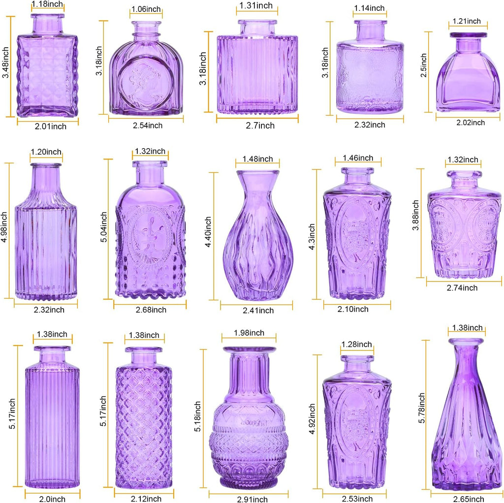 Glass Bud Vase Set of 15,Small Glass Vases for Flowers,Vintage Bulk Purple Mini Glass Vases for Centerpieces,Rustic Wedding,Decoration,Floral Arrangement