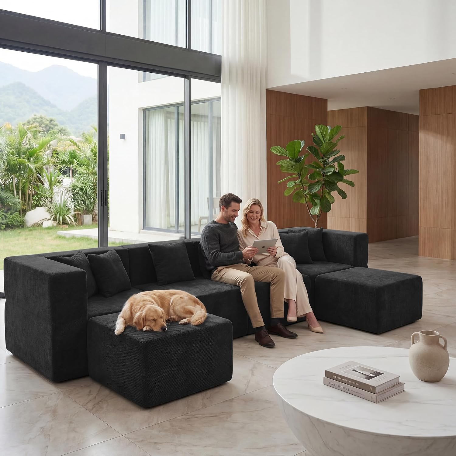 MONVANE 130'' Oversized Boneless Sectional Couches for Living Room, 6-Seat U Shaped Cloud Couch, Modular Sofa with Ottoman & 6 Throw Pillows, Comfy Chenille, No Assembly Required, Black