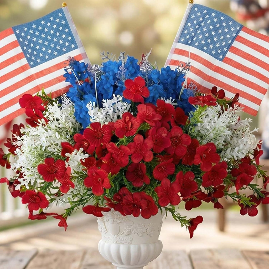 BLOSMON 4th of July Flowers for Porch: 12 Pcs Red White and Blue Fake Flower with Flag for Outdoors Planters - Patriotic Artificial Floral Plants America 250 Anniversary Outside Window Box Decoration