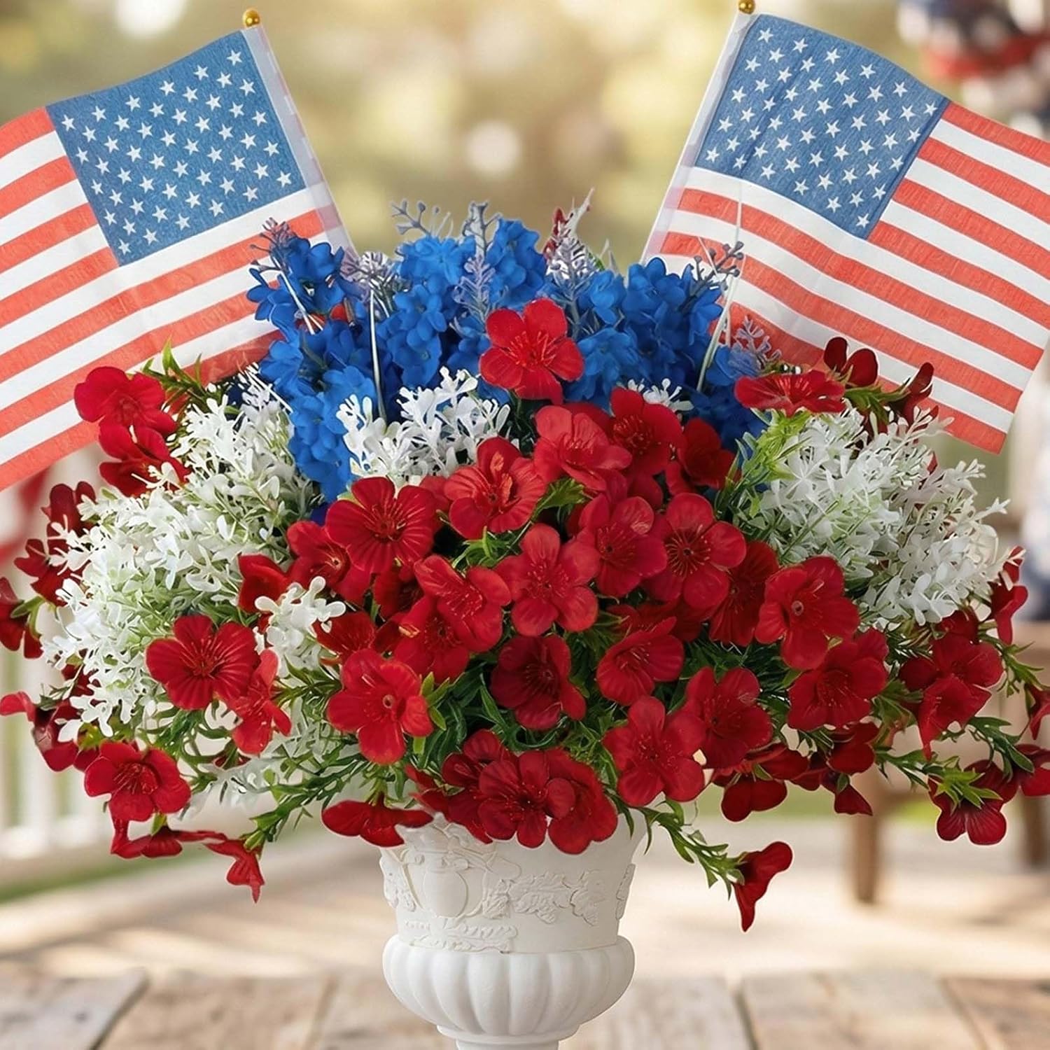 BLOSMON 4th of July Flowers for Porch: 12 Pcs Red White and Blue Fake Flower with Flag for Outdoors Planters - Patriotic Artificial Floral Plants America 250 Anniversary Outside Window Box Decoration