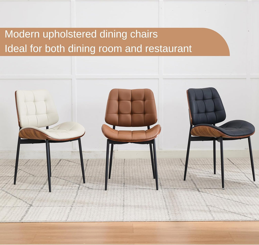 Upholstered Dining Chairs Set of 4, Mid Century Modern Faux Leather Dining Chairs with Walnut Bentwood Back and Metal Legs for Dining Room, Restaurant, Café, Brown