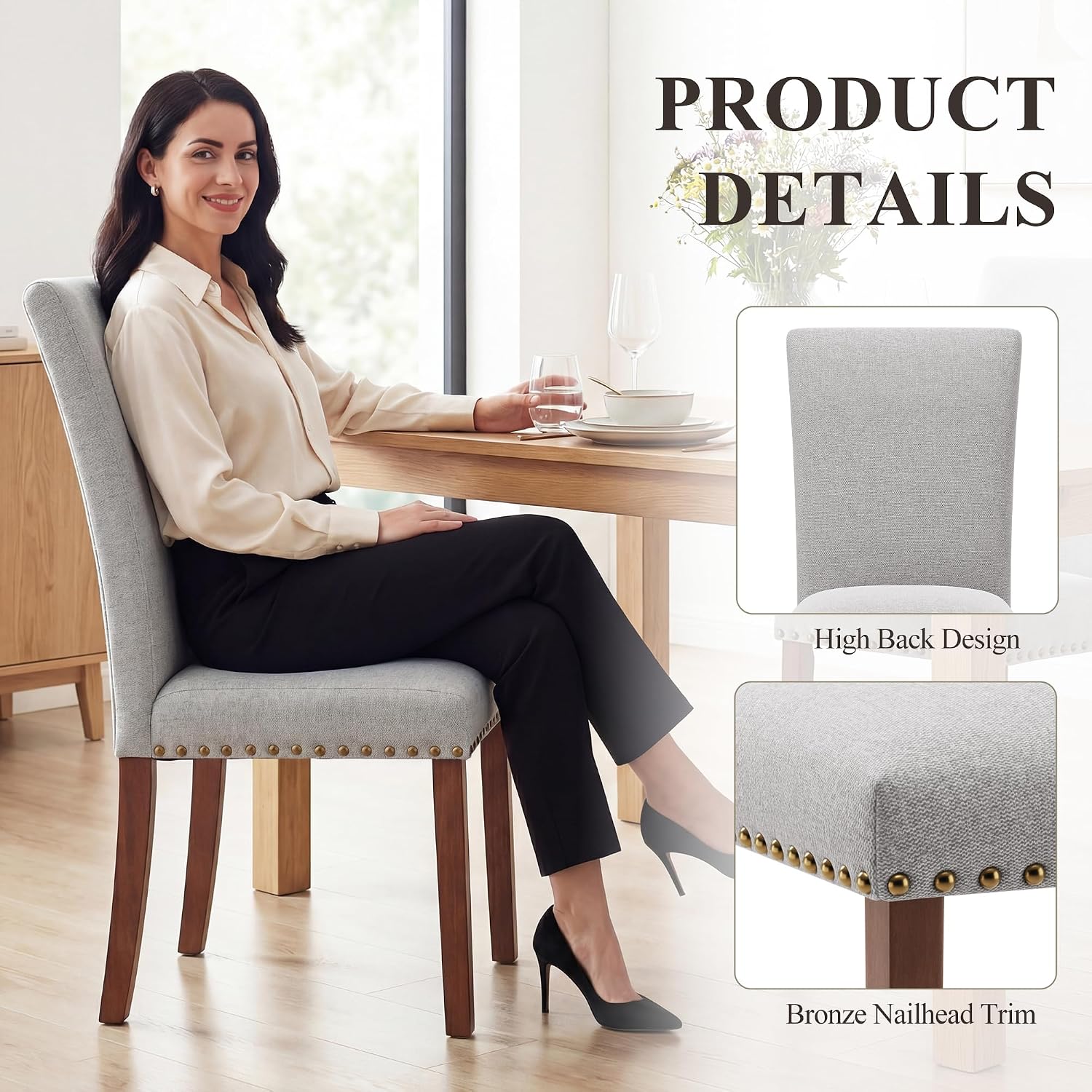 COLAMY Parsons Dining Chairs Set of 6, Upholstered Fabric Dining Room Kitchen Chair with Nailhead Trim and Wood Legs - Light Grey