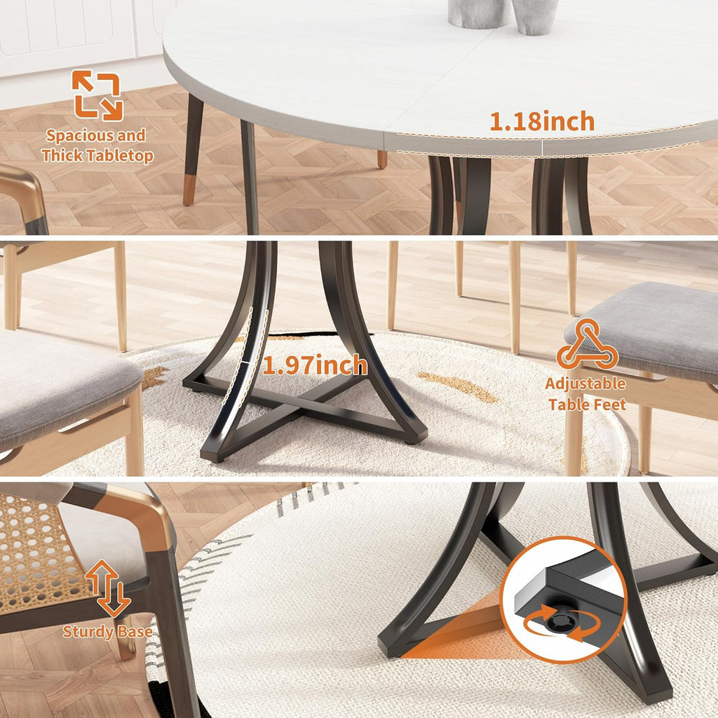 Modern Industrial Round Dining Table 47 Inch, x-Shaped Stable Pedestal, Space-Saving Small Kitchen Table for 4-6 People, Easy to Assemble for Dining Room Living Room,White