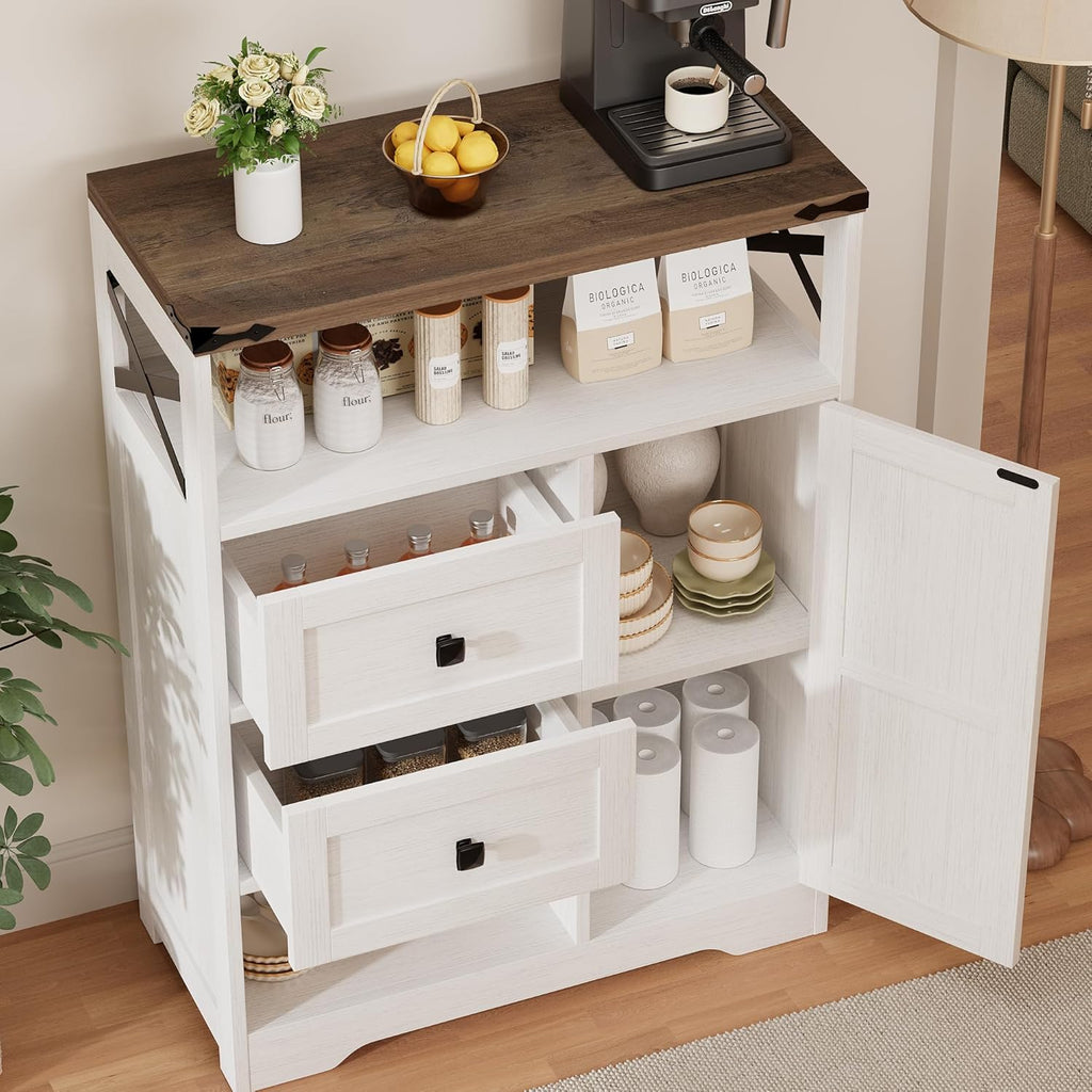 Vabches Farmhouse Buffet Sideboard Cabinet with 2 Drawers and Open Shelf, 27.5" Storage Cabinet with Adjustable Shelves and Door, Coffee Bar Hutch Pantry for Kitchen, Living Room, Entryway, White