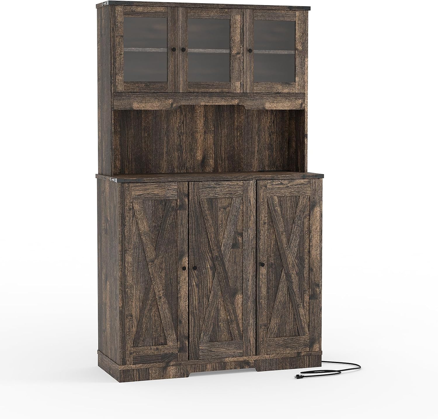 Garvee Rustic Brown Kitchen Pantry Cabinet with Charging Station, Farmhouse Freestanding Kitchen Hutch Cupboard Storage Cabinet with Countertop for Living Room 15.2 in d× 40.35 in w× 70 in h
