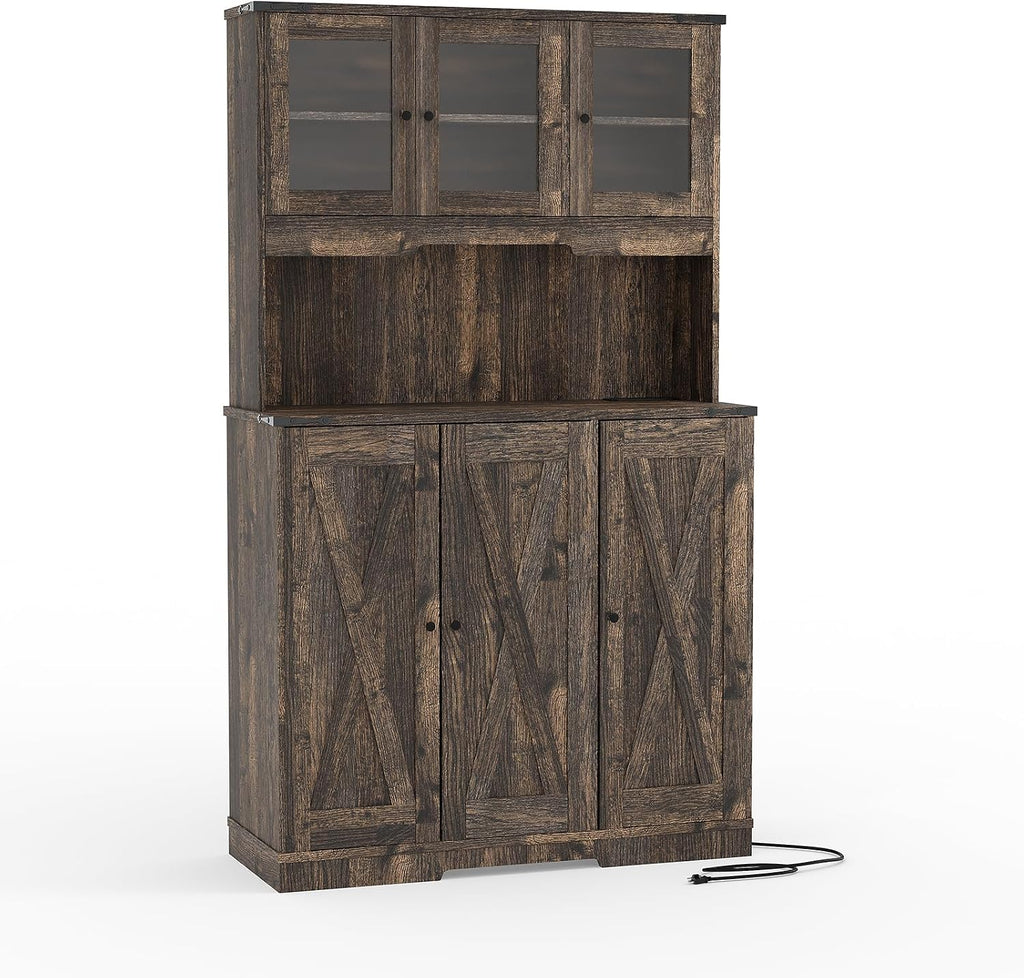 IDEALHOUSE Farmhouse Kitchen Pantry Cabinet with Charging Station & Storage Cabinet & Glass Display, 70" Tall Freestanding Hutch Cupboard with Countertop for Dining Room Living Room, Brown Wood