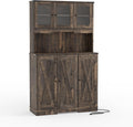 IDEALHOUSE Farmhouse Kitchen Pantry Cabinet with Charging Station & Storage Cabinet & Glass Display, 70" Tall Freestanding Hutch Cupboard with Countertop for Dining Room Living Room, Brown Wood