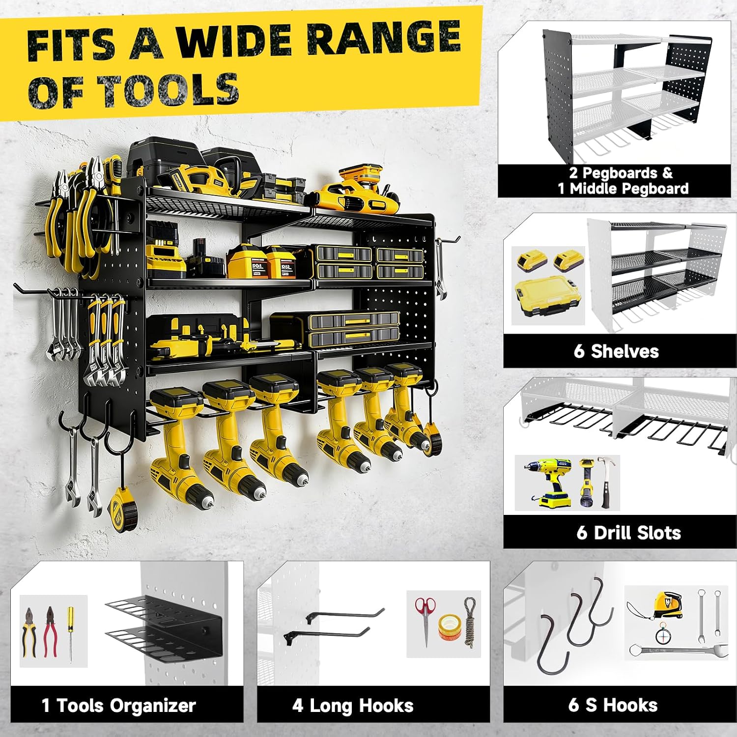 Power Tool Organizer Wall Mount, 4 Tier Heavy Duty Tool Storage Rack, 400 LBS Capacity with Drill Tools Holder & Hooks, Tool Organizers and Storage for Garage, Warehouse, Workshop, Gifts for Men