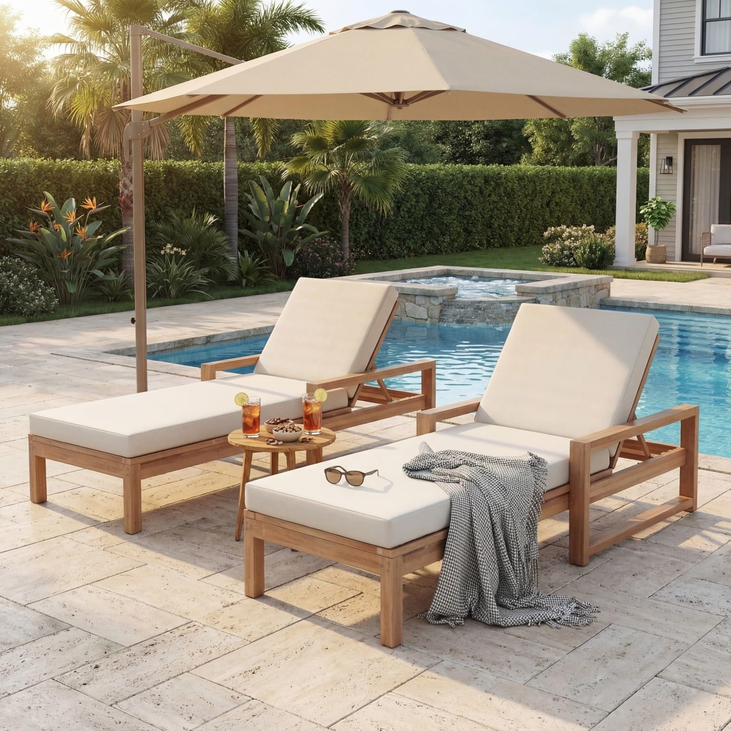 Outdoor Chaise Lounge Chair Set of 2, Patio Chaise Lounge Recliner with Adjustable Backrest, Acacia Wood Poolside Chaise Lounge with Thick All-Weather Cushions for Patio, Deck and Backyard(B)
