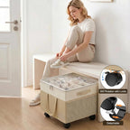 2 Pack Large Shoe Organizer for Closet, 32 Pairs Shoe Storage Box with 360° Wheels & Reinforced Handles, Adjustable Dividers, Clear Cover, Side Pocket, Foldable Oxford Fabric Bin for Entryway, Beige